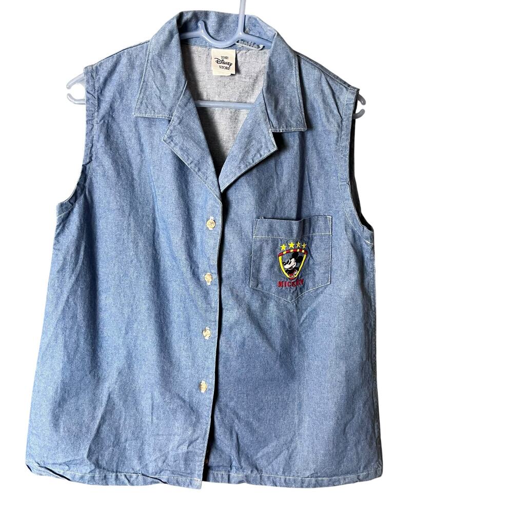 VTG Disney Mickey Mouse Sleeveless Denim Shirt Womens M Button Down Embroidered